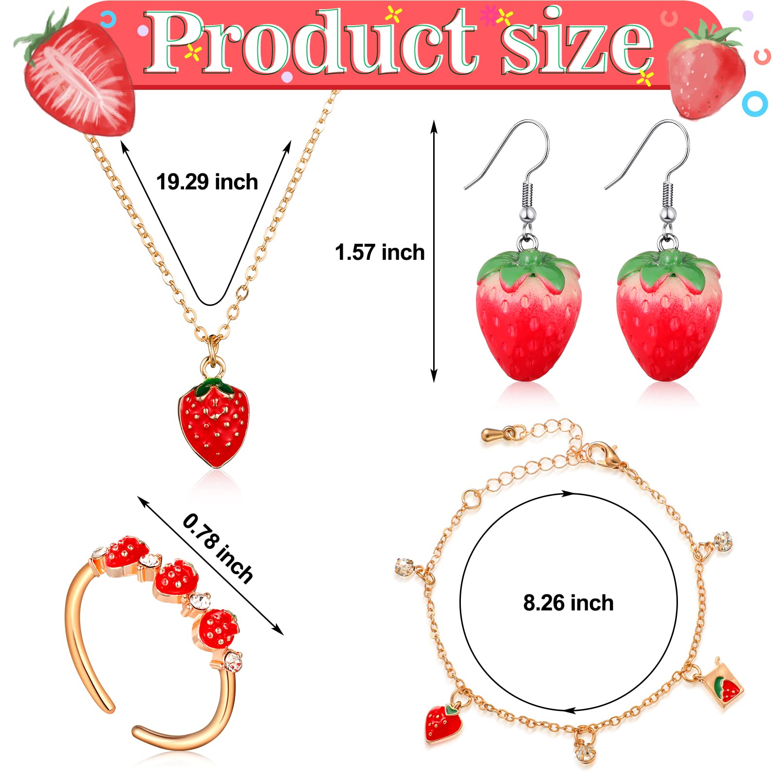 6 Pcs Strawberry Jewelry Set Strawberry Purse Bag Strawberry Earrings Necklace Bracelet Ring Red Bow for Women(Strawberry)