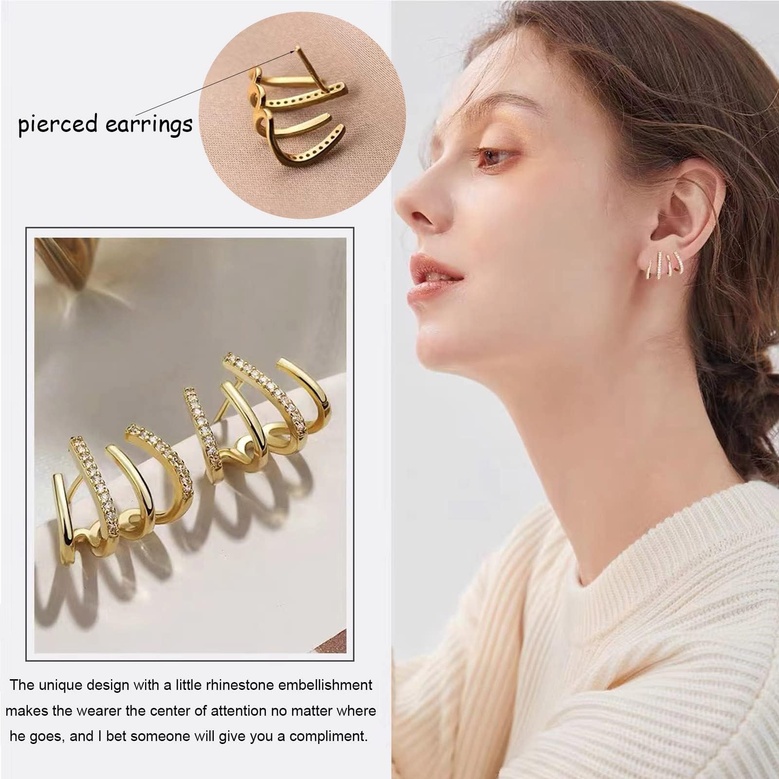 Quartet Earrings Gold Claw Earrings for Women Trendy Dainty Minimalist Huggie Needle Earrings for Womens Luxury Trendy Rhinestone Earrings Jewelry Gifts for Womens