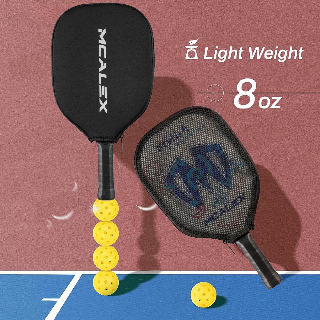 MCALEX Pickleball Paddles, Graphite Pickleball Paddle, Graphite Carbon Fiber Surface with Cushion Comfort Grip Easy to Hold, 8.2 Ounces (Blue/White)