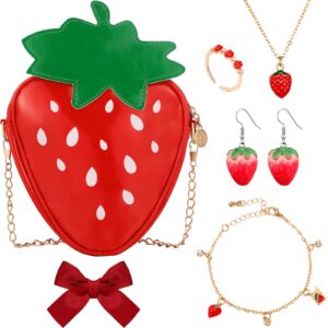 6 pcs strawberry jewelry set strawberry purse bag strawberry earrings necklace bracelet ring red bow for women(strawberry)