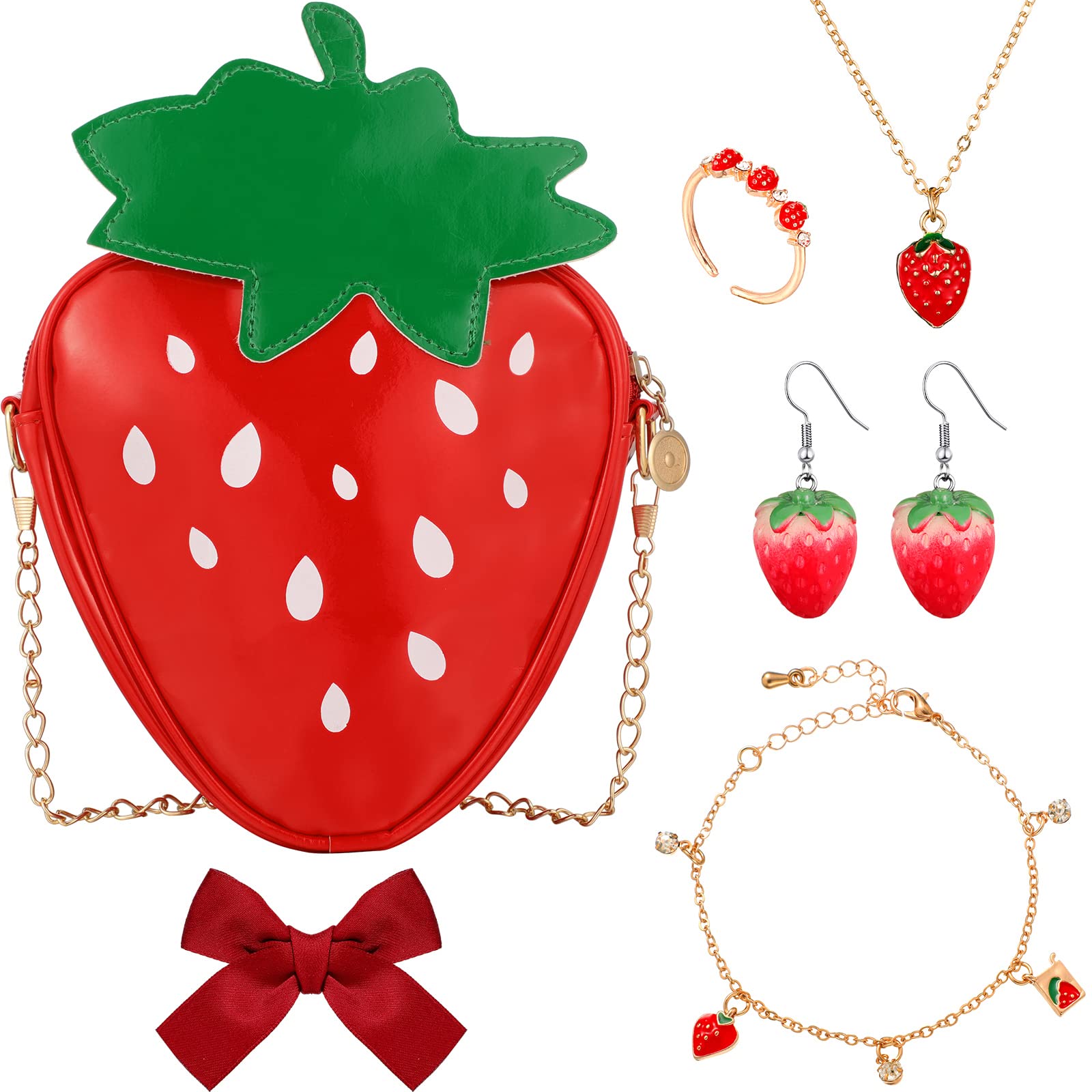 6 Pcs Strawberry Jewelry Set Strawberry Purse Bag Strawberry Earrings Necklace Bracelet Ring Red Bow for Women(Strawberry)