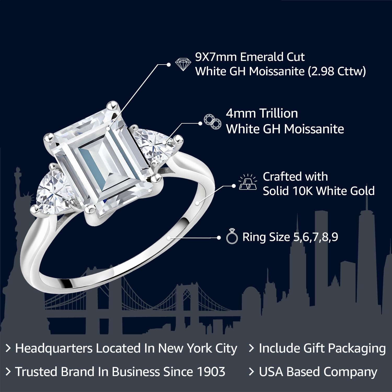 Gem Stone King 10K White Gold Moissanite Ring | 2.98 Cttw | Emerald Cut 9X7MM | Trillion 4MM | 3 Stone Wedding Engagement Anniversary Promise 3-Stone White Gold Ring For Women (Size 7)