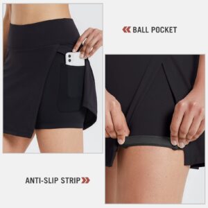 BALEAF Women's Golf Skirts High Waisted Tennis Skorts with Slit Athletic Running Skirt with Shorts and Zip Pockets Black L