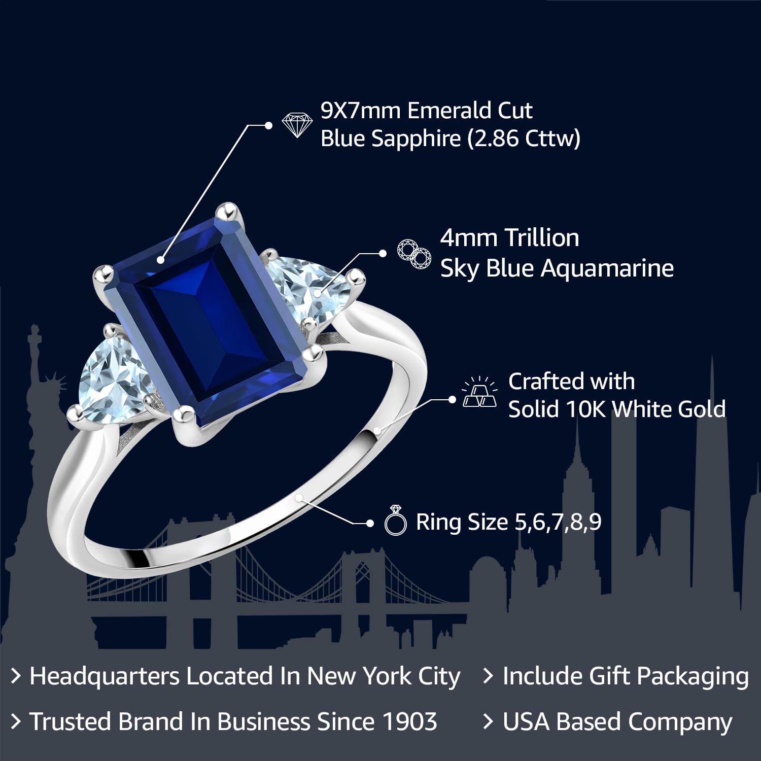 Gem Stone King 10K White Gold Blue Sapphire and Sky Blue Aquamarine Engagement Ring | 2.86 Cttw | Emerald Cut 9X7MM | Trillion 4MM | 3 Stone Gold Ring for Women (Size 6)