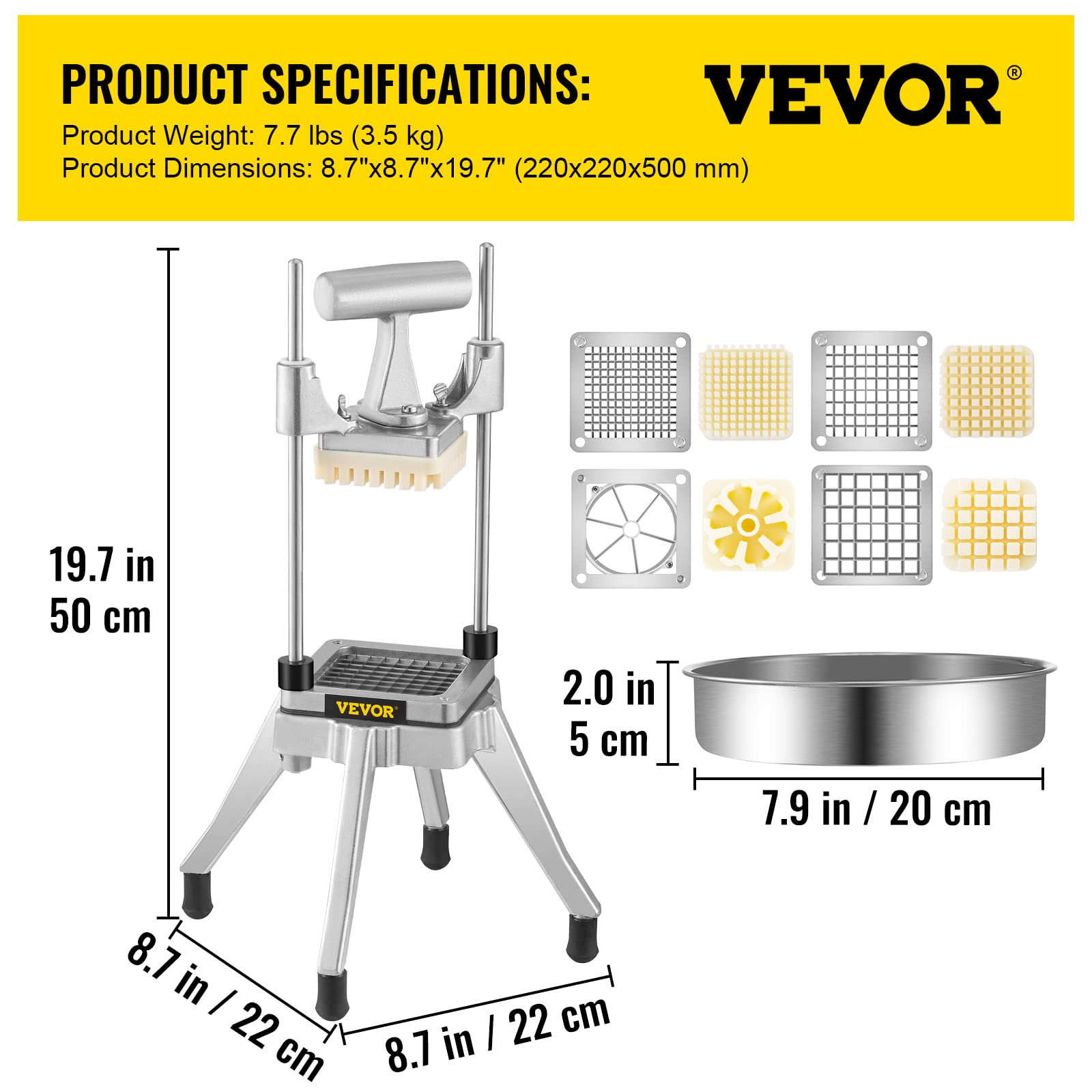 VEVOR Commercial Vegetable Fruit Chopper, Stainless Steel French Fry Cutter w/ 4 Blades 1/4" 3/8" 1/2", Vegetable Chopper Dicer w/Stainless Bowl, Heavy Duty Cutter for Potato Tomato Onion Mushroom