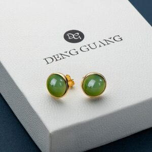 DENGGUANG Jade Stud Earrings for Women, Natural Real Green Jade 14k Yellow Gold Plated Sterling Silver Hypoallergenic Earrings, Jewelry Gifts for Wife Mom (Size:10mm)