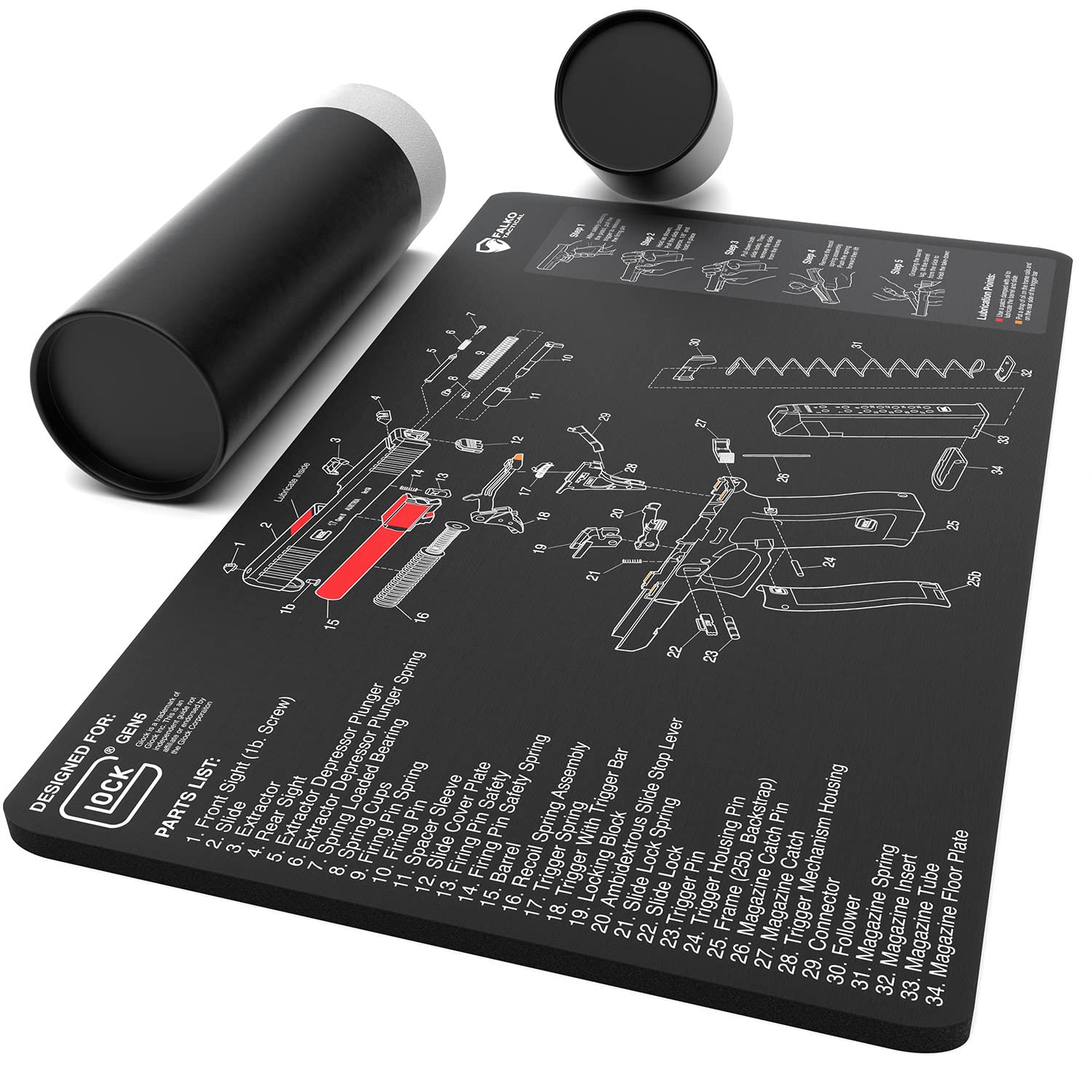 Falko Tactical Gun Cleaning Mat for Glock - Double Thickness Gun Mat - HD Exploded Diagram Including Parts List, Lubrication Points and Disassembly Steps (20 by 12 Inches)