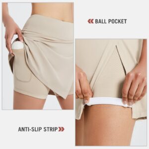 BALEAF Women's Golf Skirts High Waisted Tennis Skorts with Slit Athletic Running Skirt with Shorts and Zip Pockets Khaki XL