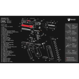 Falko Tactical Gun Cleaning Mat for Glock - Double Thickness Gun Mat - HD Exploded Diagram Including Parts List, Lubrication Points and Disassembly Steps (20 by 12 Inches)