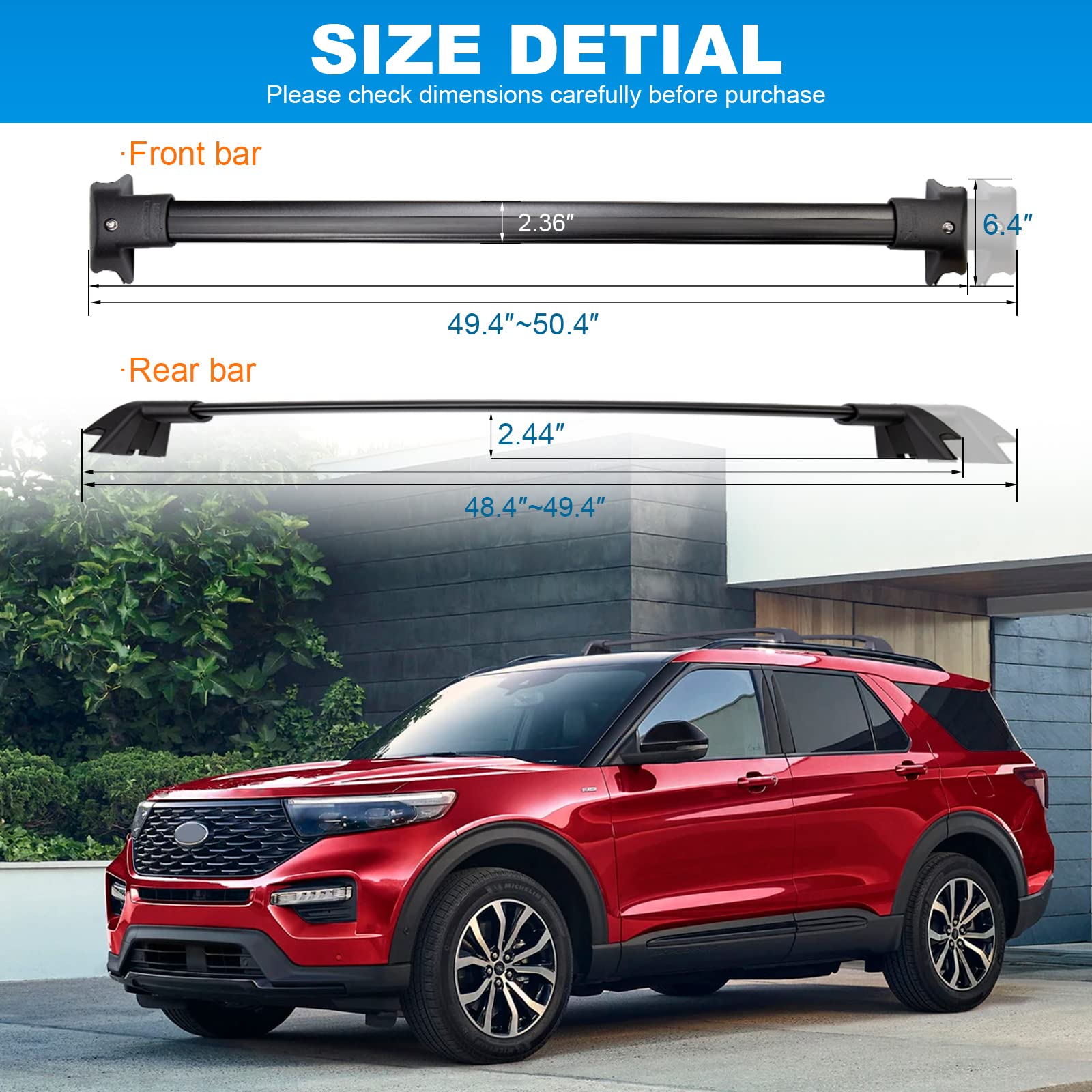 FengYu Roof Rack Cross Bars 200lbs Compatible with Ford Explorer 2020 2021 2022 2023 2024 Heavy Duty Aluminum Crossbars Rails Rooftop Cargo Bag Kayak Canoe Black Snowboard Skiboard Luggage Carrier