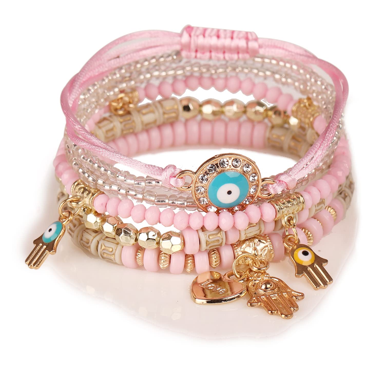 Bohemian Evil Eye Beaded Multilayered Stackable Bracelet Set Multicolor Boho Ojo Charm Seed Hamsa Fatima Hand Pendant Tassel Handmade Strand Bracelet for Women Girl Lucky Protection Jewelry-H pink