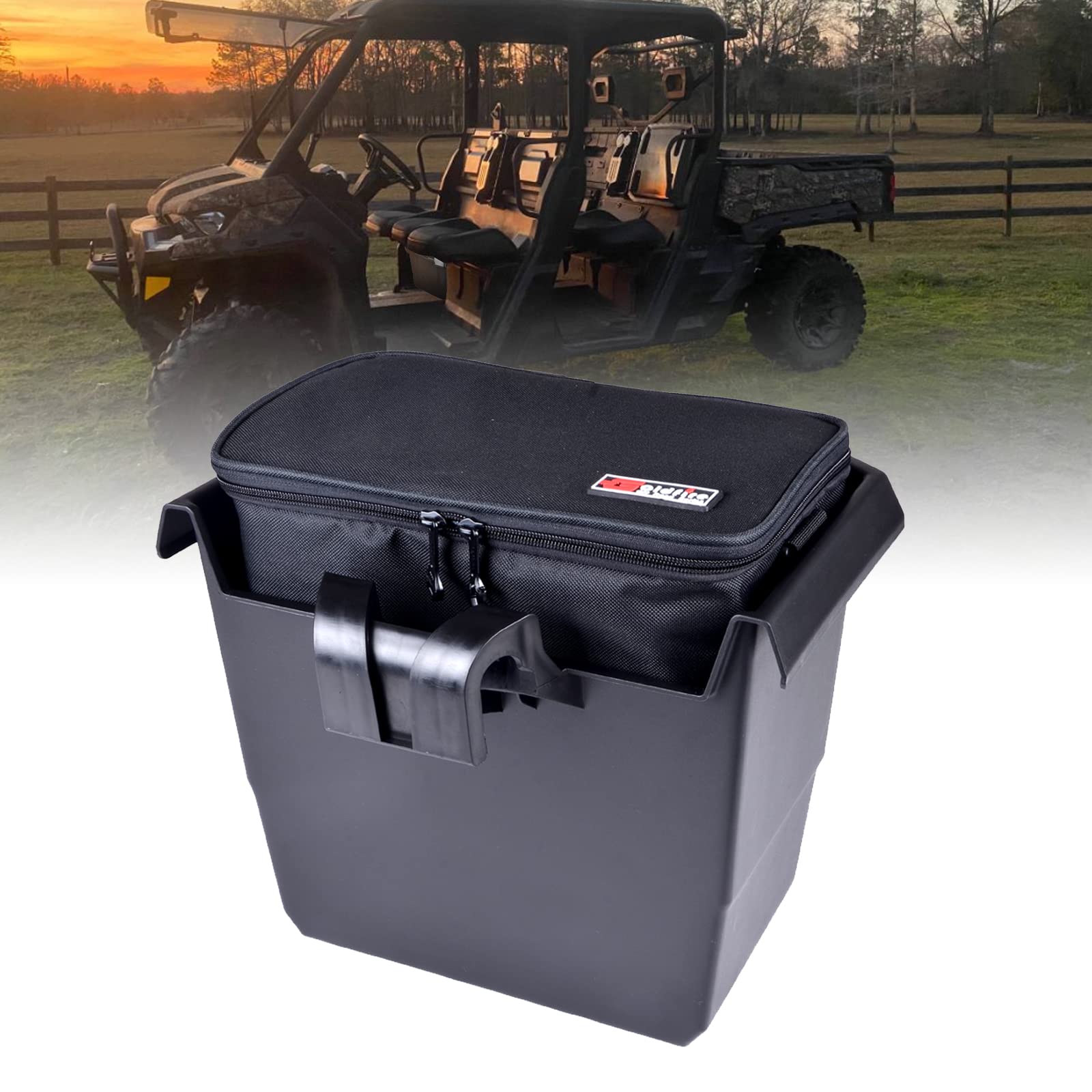 Goldfire Defender Center Underseat Storage Box Bin + Universal UTV Removable Portable Ice Chest Cooler Groceries Bag with Straps For Can Am Defender/Defender Max 2016+ Accessories(Part#715003446)