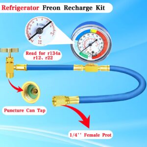 R134A Refrigerator Freon Recharge Hose Kit-R134a AC Refrigerant Charging Guage Hose Set with BPV31 Bullet Piercing Tap Valve and R134a Self-Sealing Adapter, for Home A/C Refrigerant System (Red)