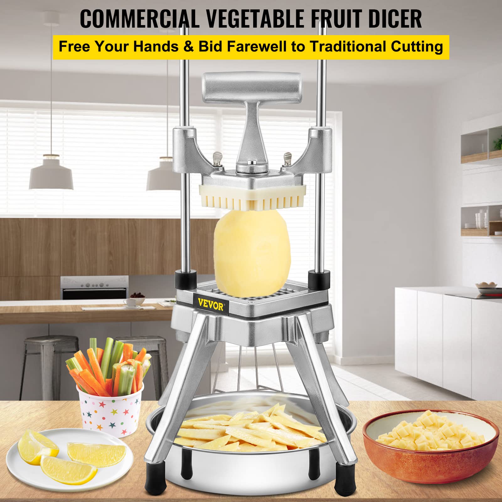 VEVOR Commercial Vegetable Fruit Chopper, Stainless Steel French Fry Cutter w/ 4 Blades 1/4" 3/8" 1/2", Vegetable Chopper Dicer w/Stainless Bowl, Heavy Duty Cutter for Potato Tomato Onion Mushroom