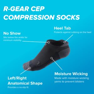 R-Gear CEP Compression Running Socks For Women, No Show with Heel Tab, Light Cushion | Breathable, Maintain Blood Circulation, Moisture Control, Reduce Swelling | L, Black, 3 Pack