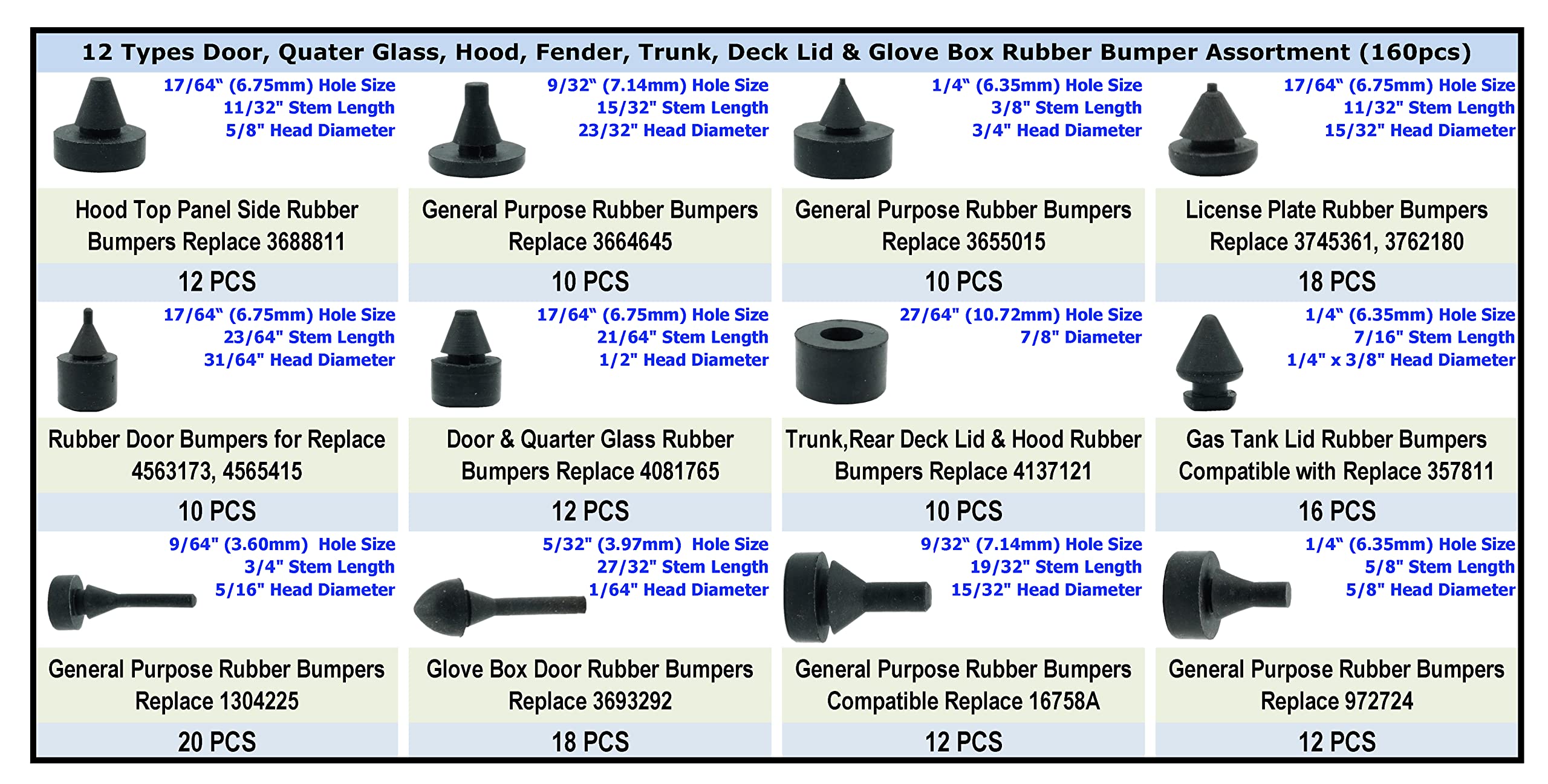 Dsnaduo 160 PCS Black Rubber Bumper Assortment, Automotive Rubber Bumper Stopper, Rubber Stop Bumper Compatible with GM Ford and Chrysler Replace 20030, 8210, fit Many Models