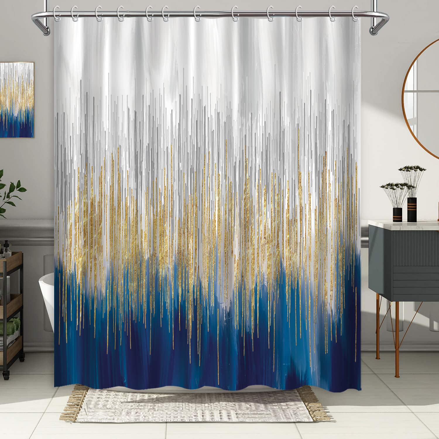 Ouyisha Blue and Gray Ombre Shower Curtain Navy Gold Modern Abstract Shower Curtains for Bathroom Contemporary Oil Painting Striped Fabric Shower Curtain Set Waterproof with Hooks, 72" X 72"