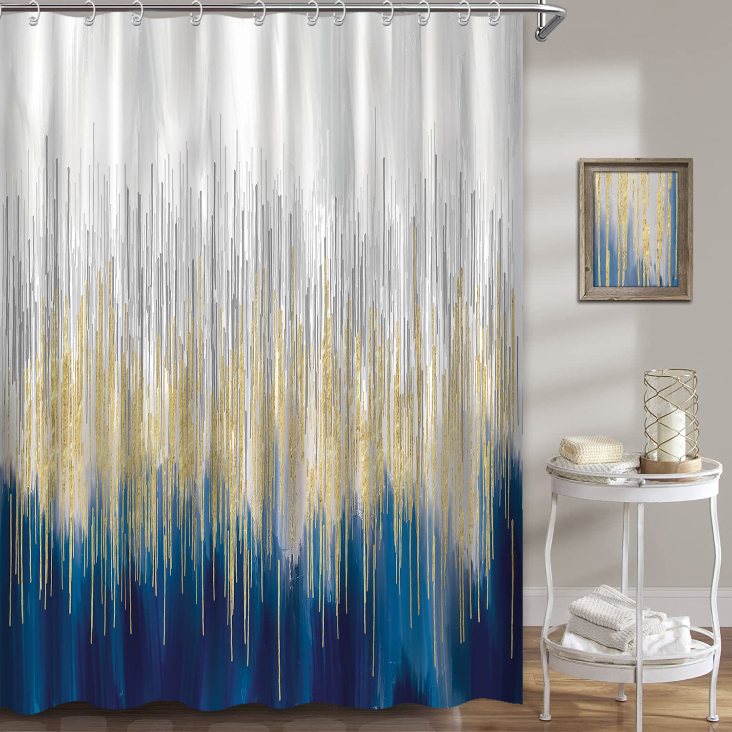 Ouyisha Blue and Gray Ombre Shower Curtain Navy Gold Modern Abstract Shower Curtains for Bathroom Contemporary Oil Painting Striped Fabric Shower Curtain Set Waterproof with Hooks, 72" X 72"