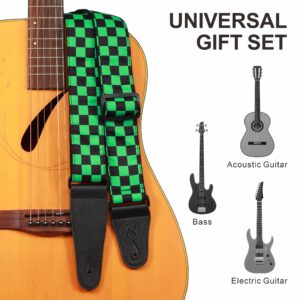 Nefelibata Guitar Strap,Personalised Cotton Double Layer Cotton Guitar Straps with Longer Leather Ends for Bass, Electric & Acoustic, Best Gifts for Kids, Men & Women Guitarists (Green Square)