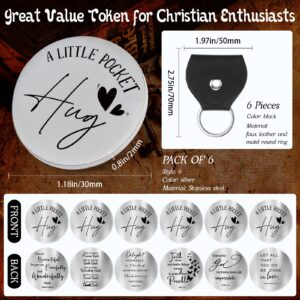 6 Pieces Inspirational Gift Hug Tokens Keepsake Christian Bible Verses Quotes Stainless Steel Coin Double Sided Silver Tokens Black PU Leather Key Chains for Family Pastor Clergy Appreciation Day