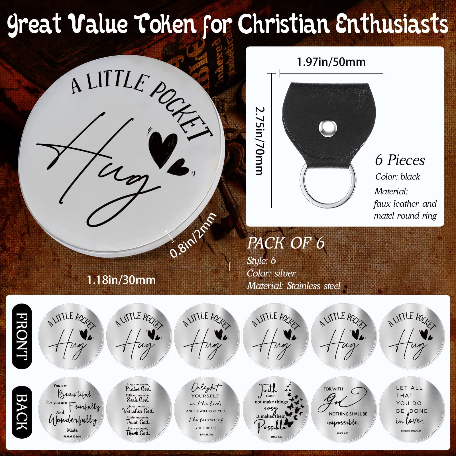 6 Pieces Inspirational Gift Hug Tokens Keepsake Christian Bible Verses Quotes Stainless Steel Coin Double Sided Silver Tokens Black PU Leather Key Chains for Family Pastor Clergy Appreciation Day