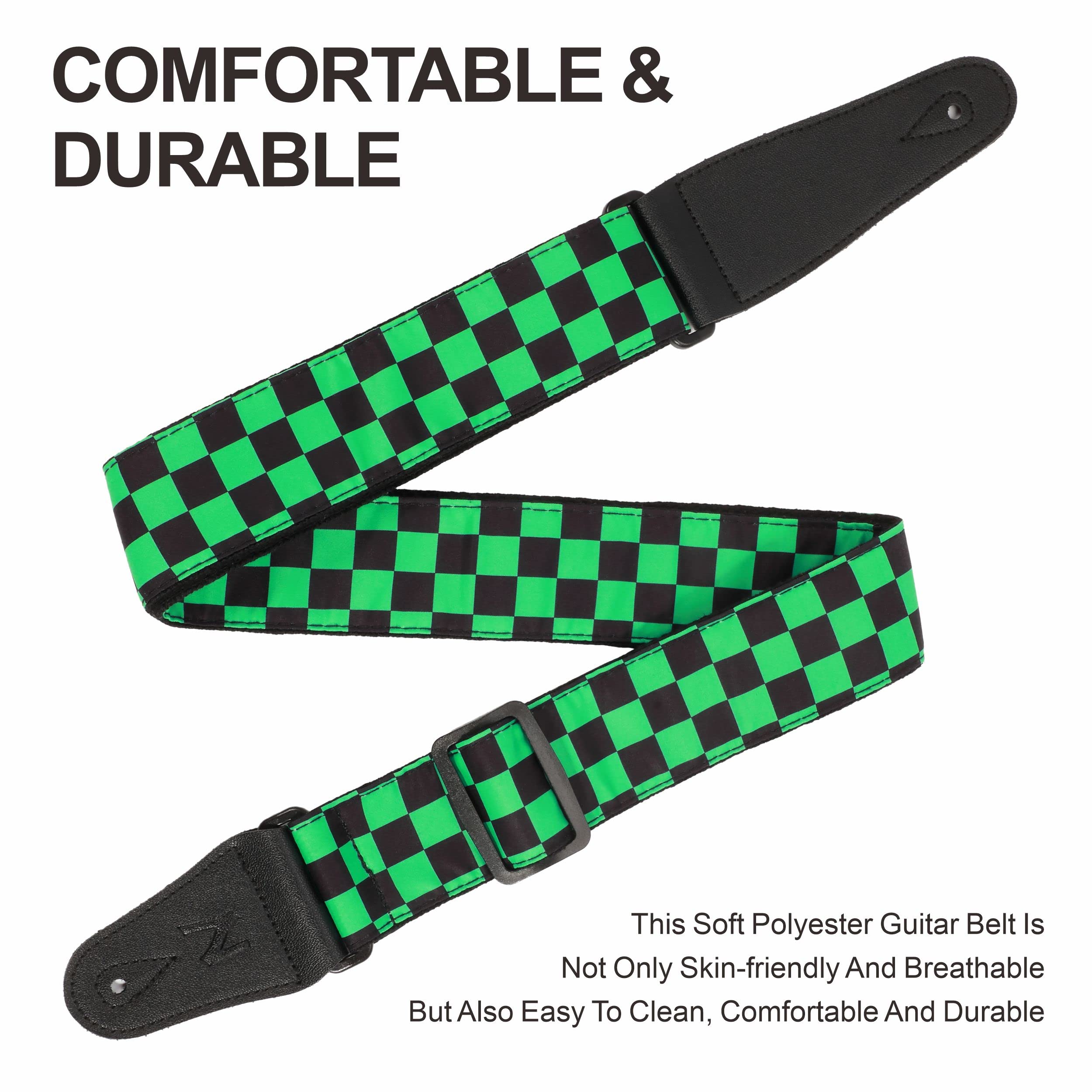 Nefelibata Guitar Strap,Personalised Cotton Double Layer Cotton Guitar Straps with Longer Leather Ends for Bass, Electric & Acoustic, Best Gifts for Kids, Men & Women Guitarists (Green Square)