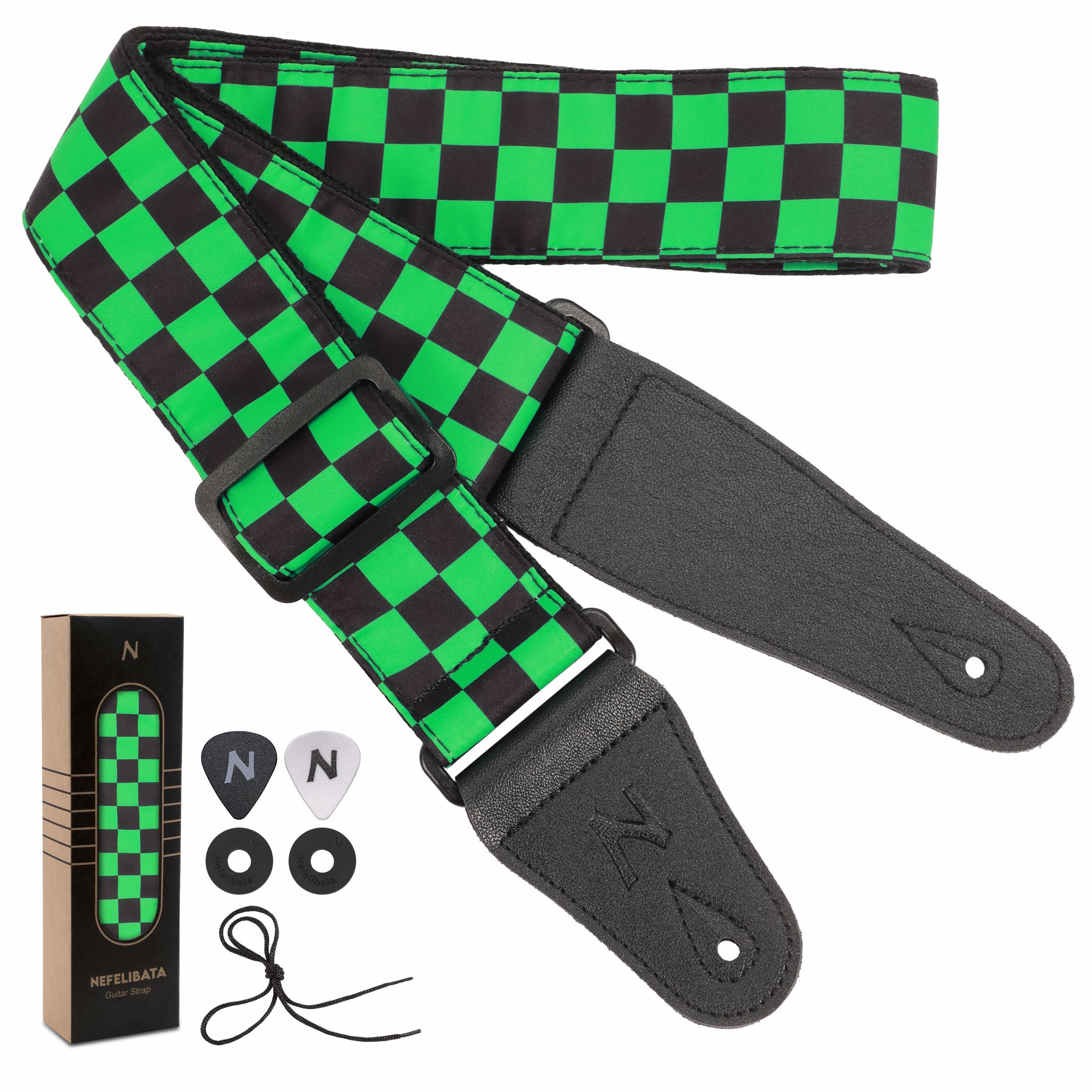 Nefelibata Guitar Strap,Personalised Cotton Double Layer Cotton Guitar Straps with Longer Leather Ends for Bass, Electric & Acoustic, Best Gifts for Kids, Men & Women Guitarists (Green Square)