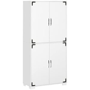 homcom industrial kitchen pantry cabinet with 4 doors and storage shelves, freestanding storage cabinet, white