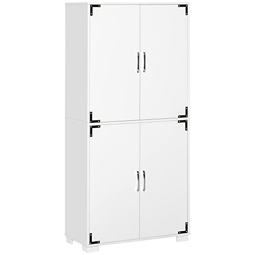 HOMCOM Industrial Kitchen Pantry Cabinet with 4 Doors and Storage Shelves, Freestanding Storage Cabinet, White