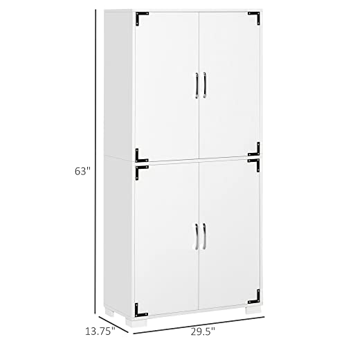 HOMCOM Industrial Kitchen Pantry Cabinet with 4 Doors and Storage Shelves, Freestanding Storage Cabinet, White