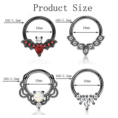 YACHY 4Pcs 16G Nose Rings for Women Man Cute Halloween Bat Ring Opal Cartilage Earrings Surgical Steel Nose Rings Hoop Tragus Helix Rook Daith Earrings Hinged Ring for Ear Nose Body Piercing Jewelry