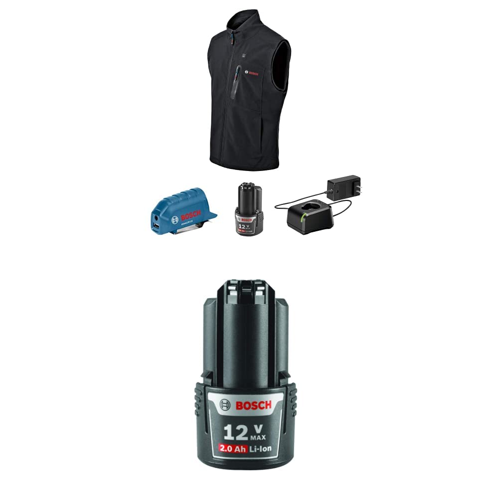 BOSCH Heated Vest Kit with Portable Power Adapter 12 Volt High Capacity Lithium Ion Battery, Black