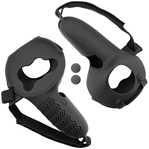 Geekria Touch Controller Grip Cover Compatible with Meta Quest 2, VR Anti-Throw Handle Grip Silicone Sleeve with Adjustable Hand Strap, Controller Caps (Black 1Pair)