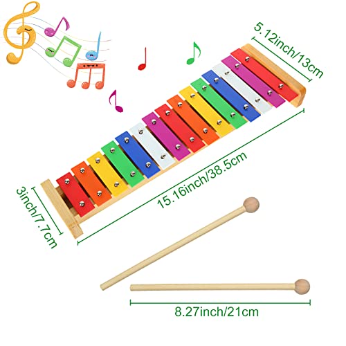 LOLYSIC 15 Tone Xylophone Glockenspiel Colorful Wooden Xylophone Xilofono Instrument with 2 Mallets for Beginner