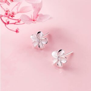 Reffeer Solid 925 Sterling Silver Plumeria Flower Stud Earrings for Women Teen Girls Crystal Flower Stud Earrings (A-Silver)