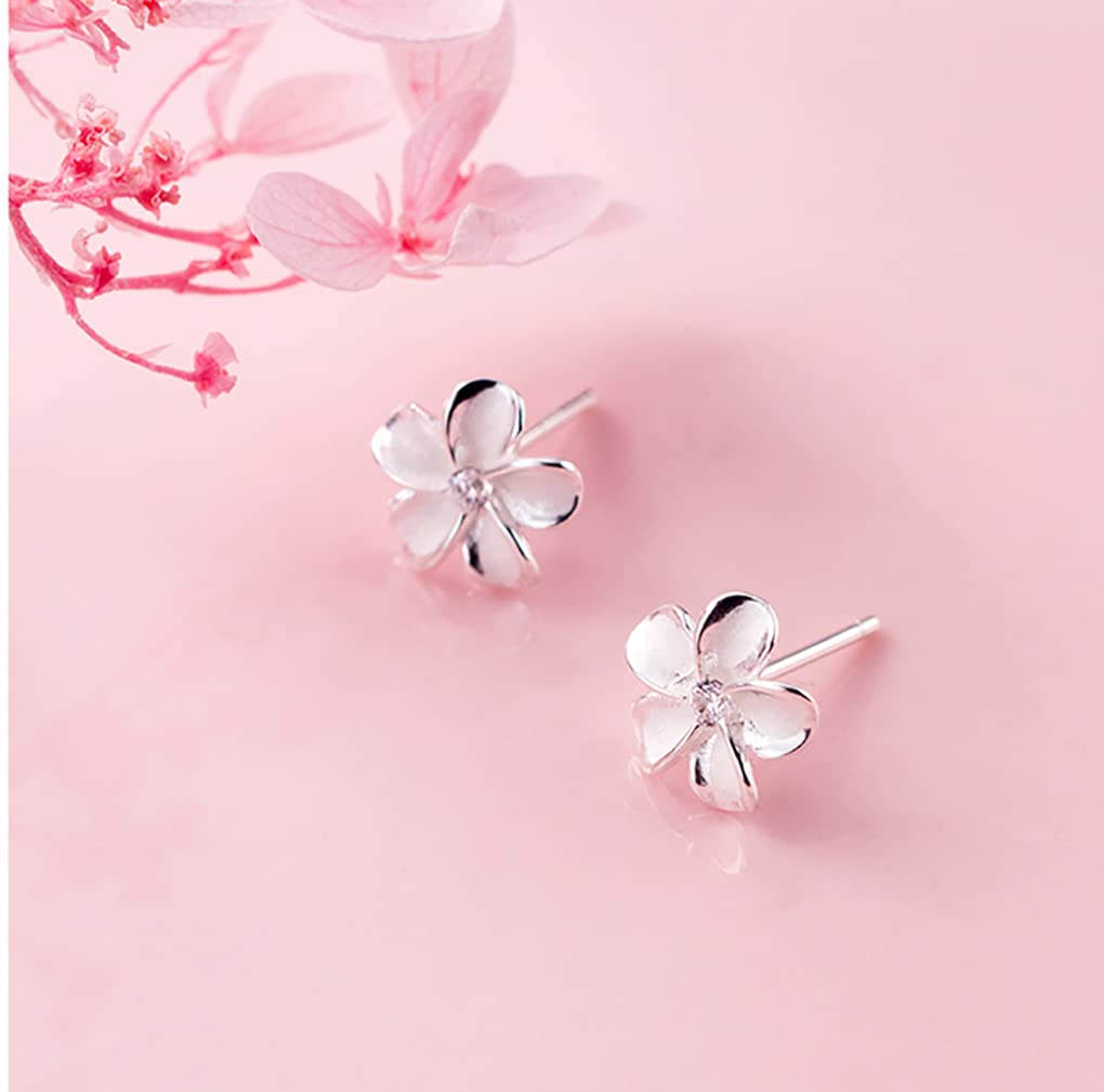 Reffeer Solid 925 Sterling Silver Plumeria Flower Stud Earrings for Women Teen Girls Crystal Flower Stud Earrings (A-Silver)