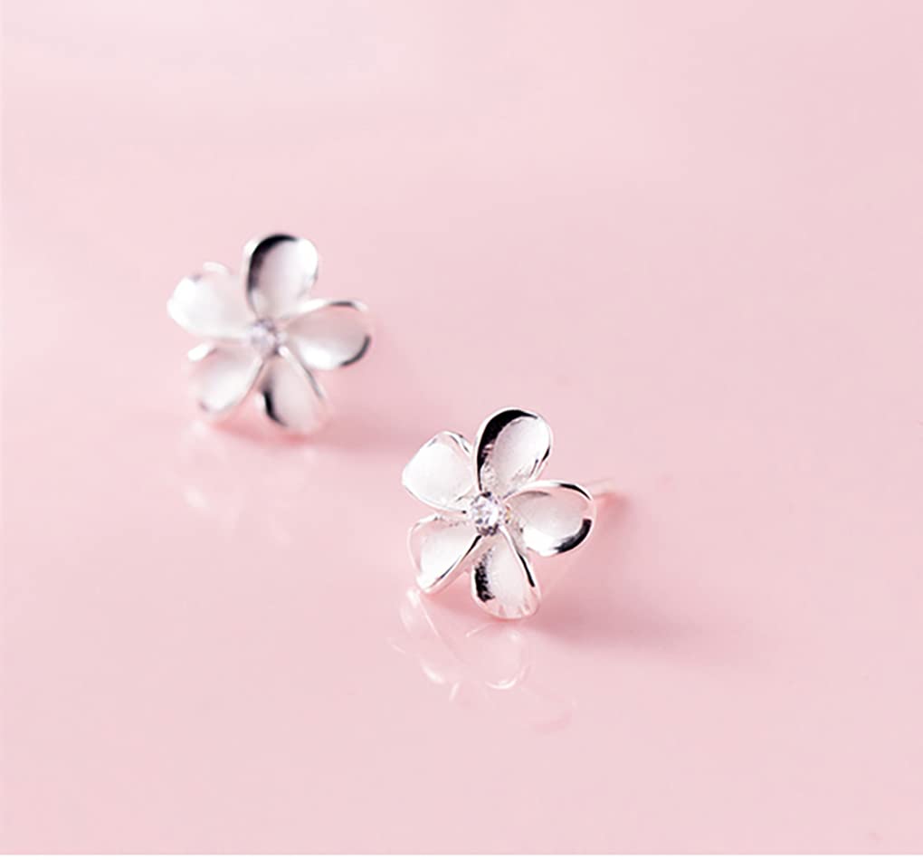 Reffeer Solid 925 Sterling Silver Plumeria Flower Stud Earrings for Women Teen Girls Crystal Flower Stud Earrings (A-Silver)