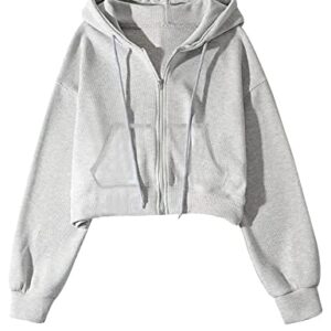 Yimoon Cropped Zip Up Hoodie for Women Waffle Knit Vintage cropped Sweatshirt Casual Long Sleeve Hooded crop jacket(Grey-L)