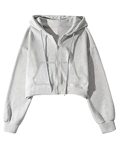 Yimoon Cropped Zip Up Hoodie for Women Waffle Knit Vintage cropped Sweatshirt Casual Long Sleeve Hooded crop jacket(Grey-L)