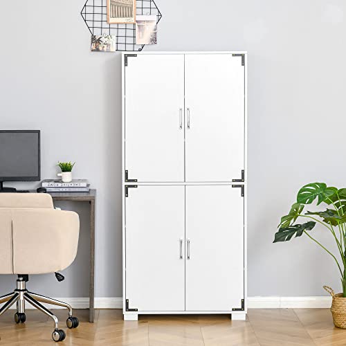 HOMCOM Industrial Kitchen Pantry Cabinet with 4 Doors and Storage Shelves, Freestanding Storage Cabinet, White