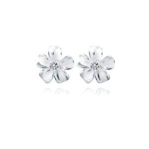 Reffeer Solid 925 Sterling Silver Plumeria Flower Stud Earrings for Women Teen Girls Crystal Flower Stud Earrings (A-Silver)