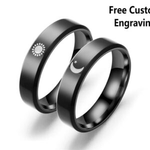 Customized Engagement Wedding Ring Matching Rings for Couples Sun and Moon Ring Promise Couple Ring Personalized Band Sets for Him and Her Stainless Steel High Polished Comfort Fit Black (1)