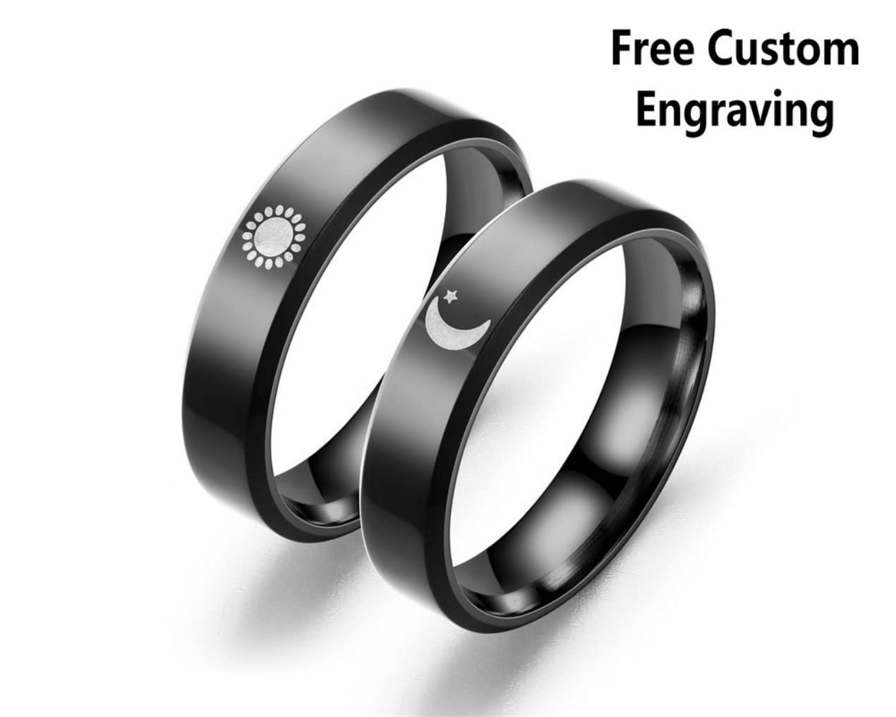 Customized Engagement Wedding Ring Matching Rings for Couples Sun and Moon Ring Promise Couple Ring Personalized Band Sets for Him and Her Stainless Steel High Polished Comfort Fit Black (1)