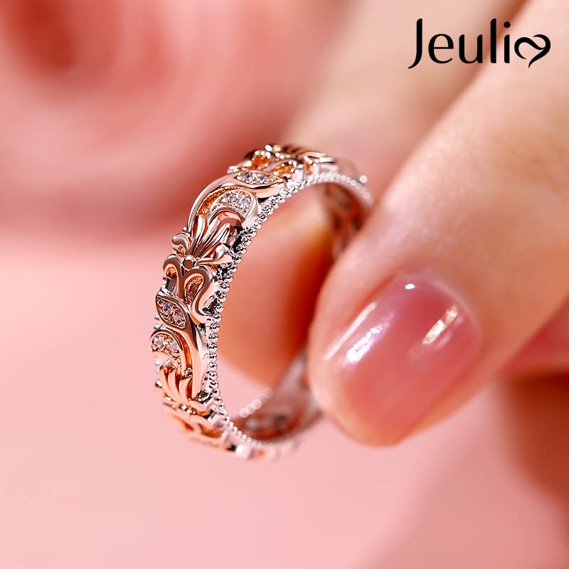 Jeulia Floral Ring Band Sterling Silver Two Tone Leaf Carved Vintage Unique Hollow Flower Rose Gold Jewelry Engagement Wedding Bridal Sets Stackable Anniversary Promise with Gift Box (Floral, 10)