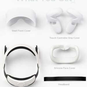 LUMYSPACE VR Accessory Set Compatible with Quest 2 Accessories Protective Cover, Adjustable Head Strap, Controller Grip Cover, Silicone Face Cover, VR Shell Cover(White)