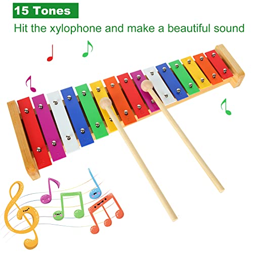 LOLYSIC 15 Tone Xylophone Glockenspiel Colorful Wooden Xylophone Xilofono Instrument with 2 Mallets for Beginner