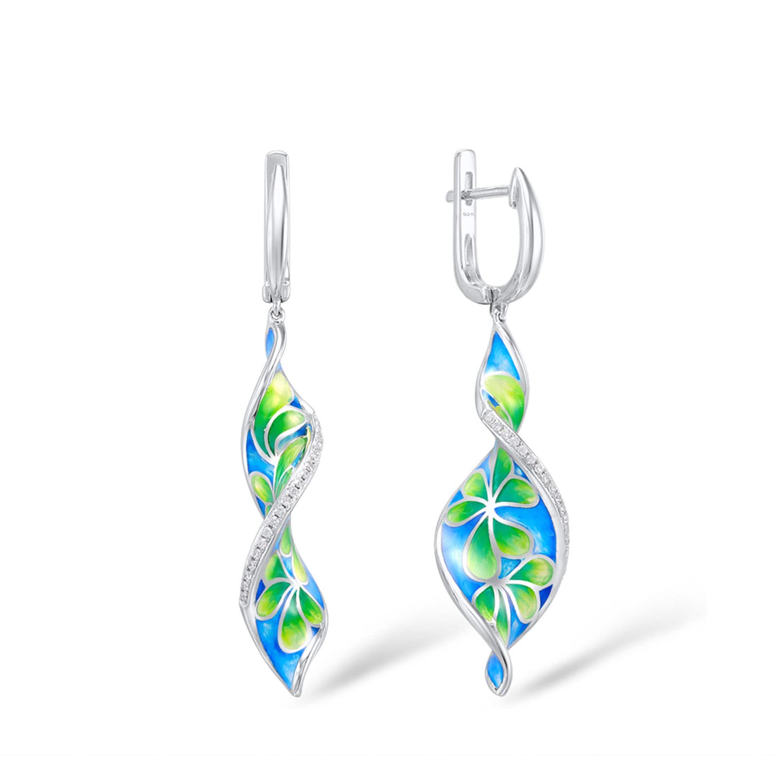 Santuzza Flower Earrings 925 Sterling Silver Cubic Zirconia Enamel Twisted Spiral Dangle Earrings for Women (Green)