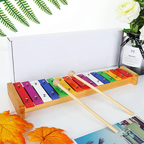 LOLYSIC 15 Tone Xylophone Glockenspiel Colorful Wooden Xylophone Xilofono Instrument with 2 Mallets for Beginner