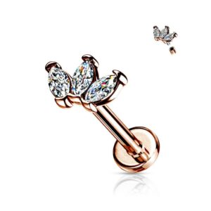 6mm Triple Marquise CZ Top Labret Conch Tragus Helix Ear Cartilage Studs 16G - Rose Gold