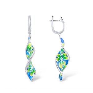 Santuzza Flower Earrings 925 Sterling Silver Cubic Zirconia Enamel Twisted Spiral Dangle Earrings for Women (Green)